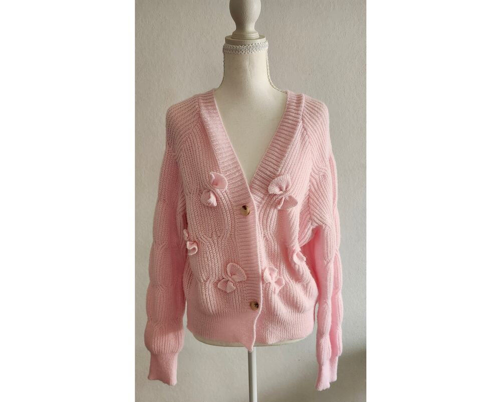 Elenzga Pink Bow Cardigan Sweater Women's L XL Long Sleeve Soft Knit